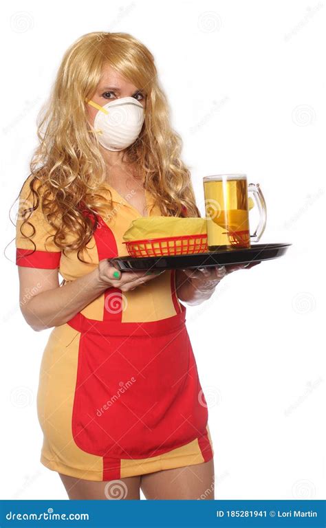 Blonde Waitress With Tray Of Food On White Background Stock Image Image Of Hand Green 185281941