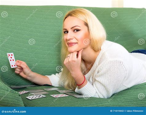 Blonde Woman Playing Cards Stock Photo Image Of Playing 71019442