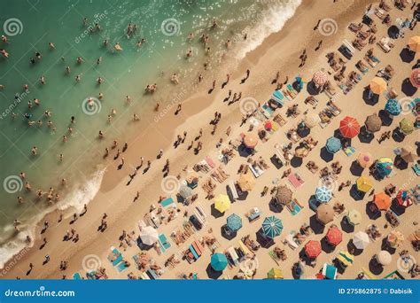 Sea Beach With Colorful Umbrellas And Relaxing People Top View