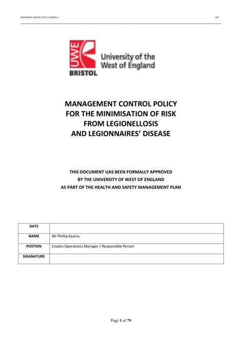 Legionella Management Of Risk Policy