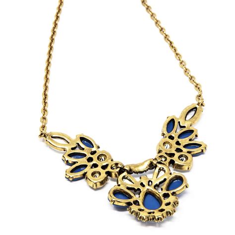 J Crew Brass Tone Necklace Blue Faceted Acrylic Rhinestones