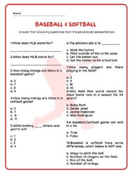 Baseball Softball Quiz By Pe Sisters Tpt