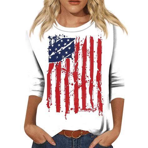 Tqwqt 4th Of July Womens 34 Sleeve T Shirts American Flag Patriotic Shirt Red White Blue