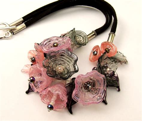 Handmade Lampwork Floral Necklace Pink Black Bouquet Etsy