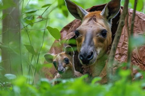 Kangaroo Mother With Her Joey Peeking Out Of The Pouch Surrounded By Lush Greenery Stock Image