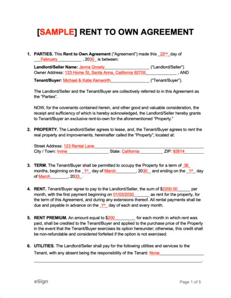 Free Rent To Own Lease Option Agreement Pdf Word