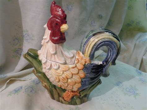 Vintage Tea Pot Hand Painted Ceramic Rooster Country Kitchen By Jay