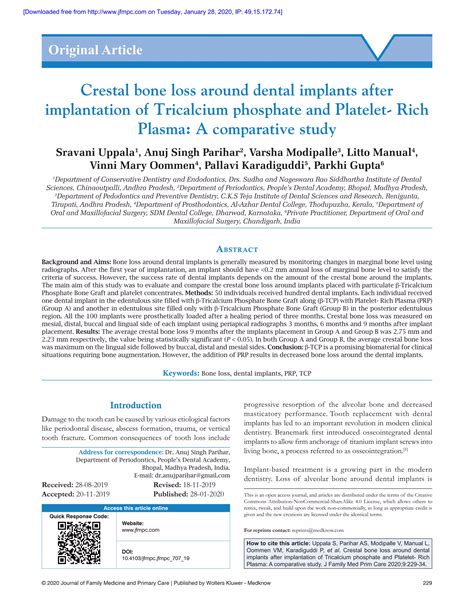 Crestal Bone Loss Around Dental Implants After Implantation Of Tricalcium Phosphate And Platelet