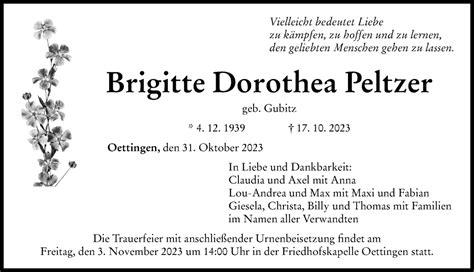 Traueranzeigen Von Brigitte Dorothea Peltzer Augsburger Allgemeine