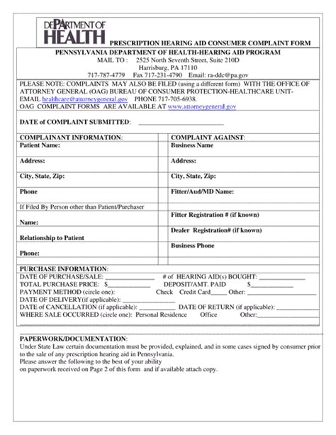 Pennsylvania Prescription Hearing Aid Consumer Complaint Form Fill