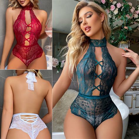 See Through Lace Teddy Lingerie Womens Crotchless One Piece Bodysuit