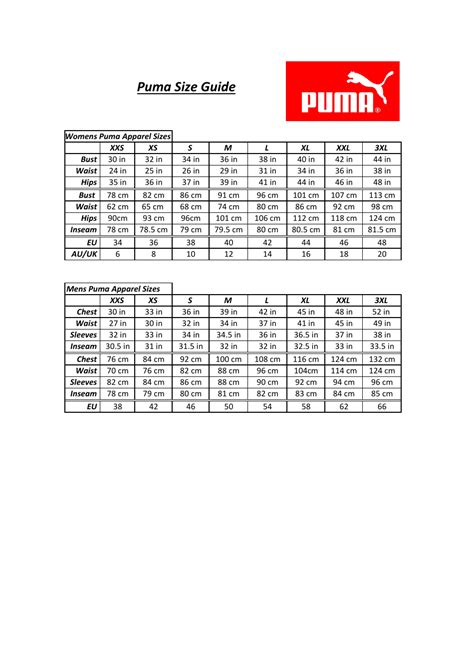 Apparel Size Guide Puma Download Printable Pdf Templateroller