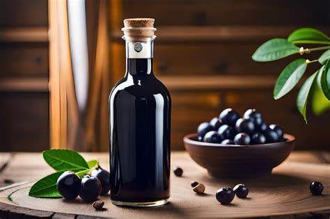 Premium Ai Image A Bottle Of Black Olive Oil Sits On A Table Next To