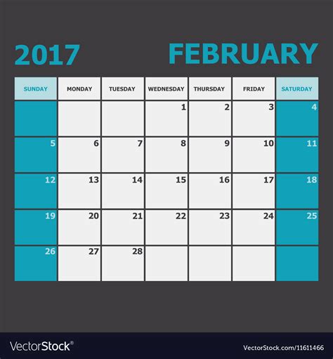 February 2017 calendar week starts on sunday Vector Image