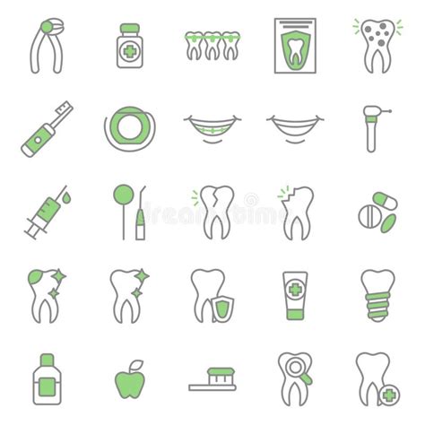 Dental Care Tooth Color Thin Line Icon Set Vector Stock Vector