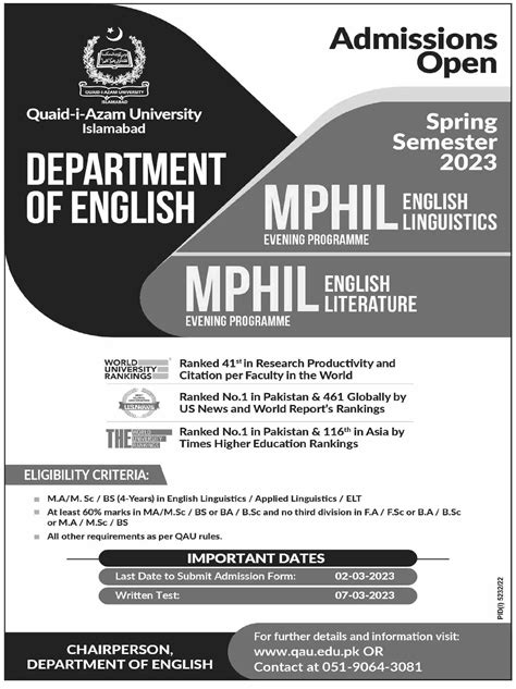 Quaid I Azam University Islamabad Admissions