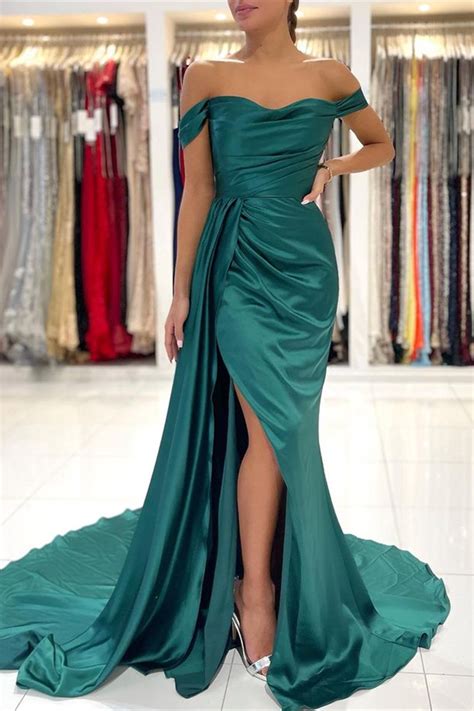 Daisda Mermaid Dark Green Off The Shoulder Prom Dress Split With Ruffles