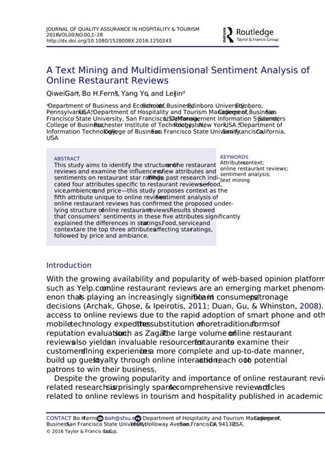 Journal Of Quality Assurance In Hospitality And Tourism Article 2022