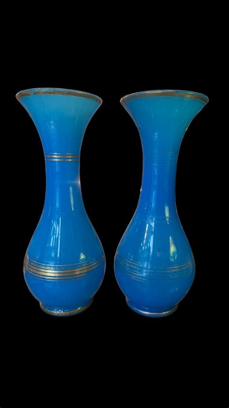 Proantic Paire De Vases En Opaline Bleu