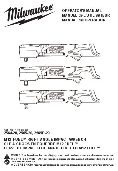 Milwaukee M12 FUEL Cordless Right Angle Impact Wrench - Operator's Manual