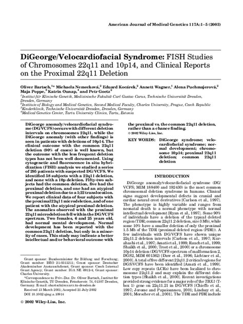 (PDF) DiGeorge/velocardiofacial syndrome: FISH studies of chromosomes 22q11 and 10p14, and ...