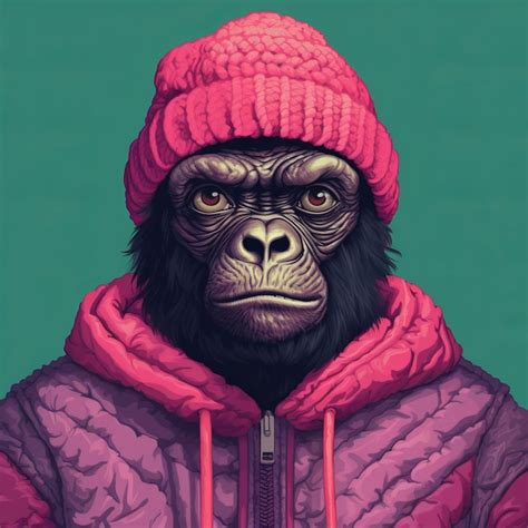 Premium Photo | Hyperrealistic Painting Of Cute Monkey Man In Pink Hooded Sweater