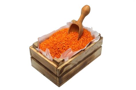 Premium Photo Red Lentil In A Small Wooden Crate Isolated On White