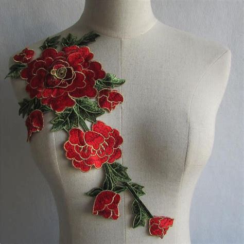 Delicado Bordado Rojo Floral Apliques Parches Vintage Parche De Flores