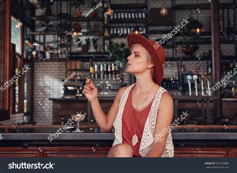 Portrait Attractive Young Woman Smoking Bar Stock Photo 441303880 ...