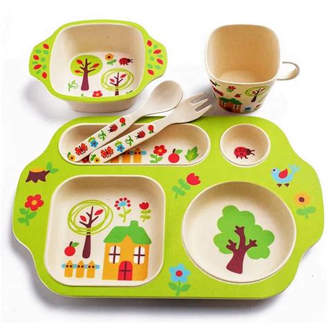 5pc/set bamboo fiber children/kids/baby cutlery sets 100% green dinner ...