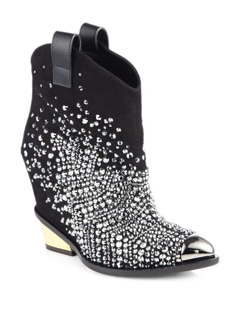 Lyst Giuseppe Zanotti Crystal Metal Suede Wedge Ankle Boots In Black