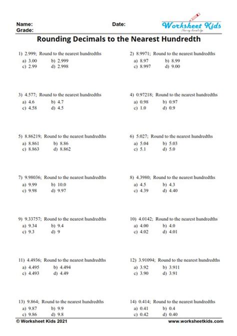 Rounding Decimals Worksheet For 5th Grade With Answer Key Free Pdf