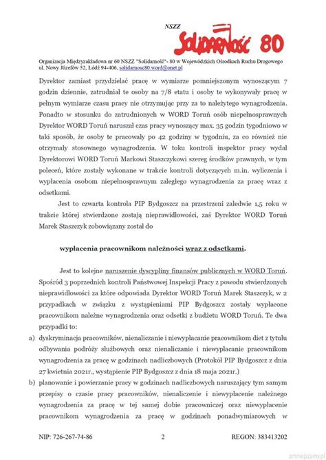 Nszz Solidarno W Word Skarga Na Dyrektora Word W Toruniu