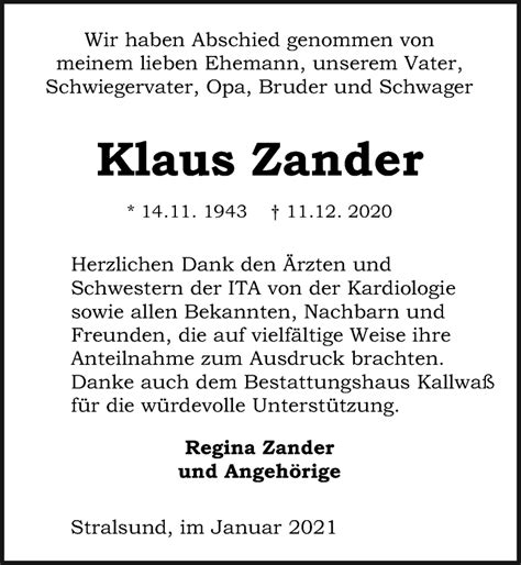 Traueranzeigen Von Klaus Zander Trauer Anzeigen De