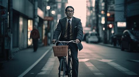 Business Man Is Riding A Bicycle Down The Street Background