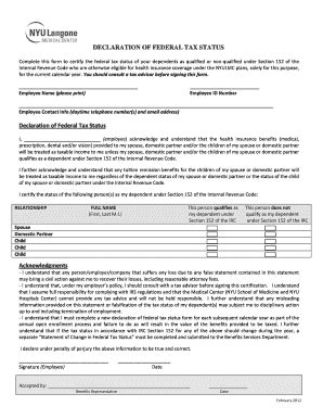 Fillable Online Med Nyu Declaration Of Federal Tax Status Form NYU