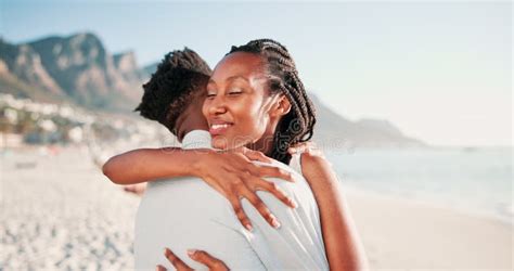 Couple Hug And Smile In Beach For Vacation Holiday And Date In City