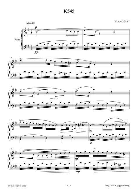 Wolfgang Amadeus Mozart Piano Sonata No 16 K 545 2nd Movt 琴譜pdf 香港流行