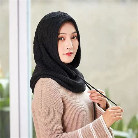 Hijab Bawal Tudung Autumn Winter Hooded Scarf Neck Cover One Piece Women Thickened Warm Knitted