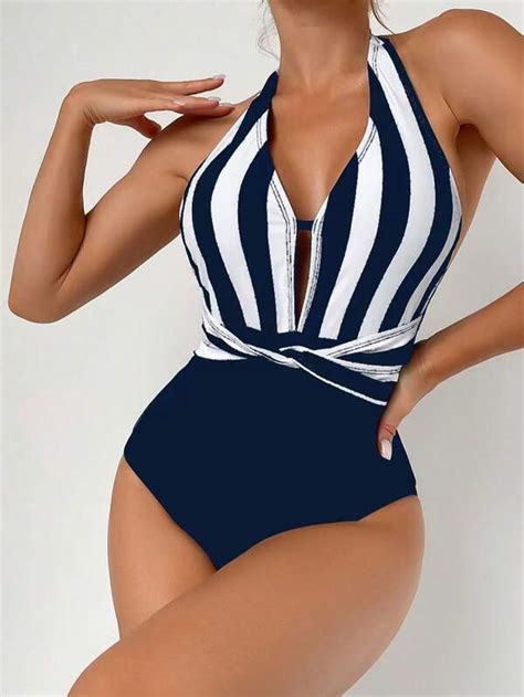 Shein Swim Vcay Striped Twist Front Halter One Piece Swimsuit Shein Usa