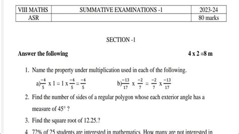 8th Class Sa1 Question Paper 2023 2024 Maths Model Paper YouTube