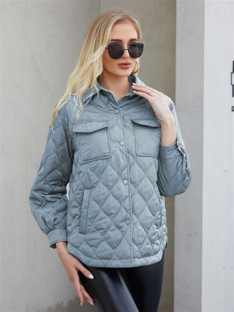 ZIAI Flap Pocket Drop Shoulder Flap Pocket Quilted Coat SHEIN