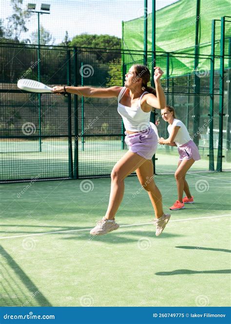 Active Womans With Enthusiasm Playing Padel On Tennis Court Stock Image Image Of Active Jump