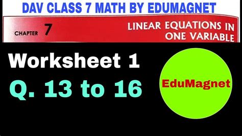 Dav Class 7 Math Chapter 7 Worksheet 1 Question 13 To 16 Linear Equations In Onevariable