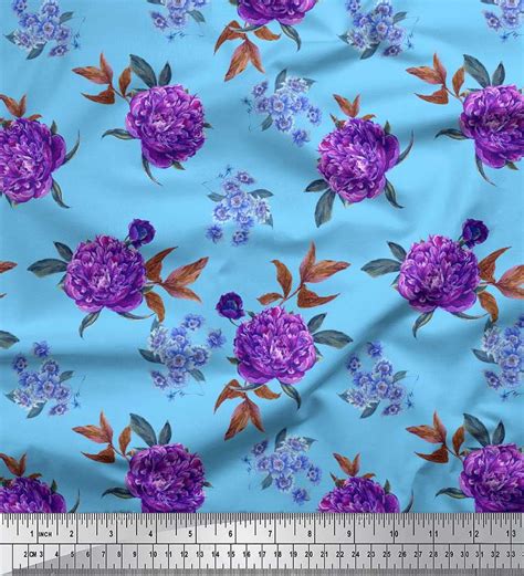 Soimoi Blue Viscose Chiffon Fabric Leaves And Peony Floral Print Sewing Fabric Yard 42 Inch Wide