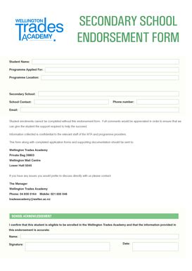 Fillable Online SECONDARY SCHOOL ENDORSEMENT FORM Weltecacnz Fax