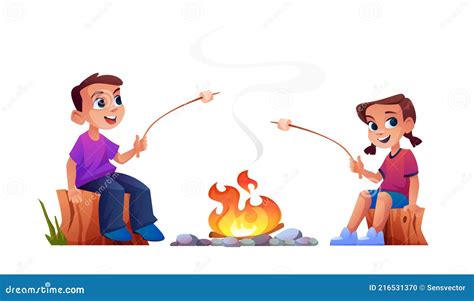 Children Campfire In The Wilderness At Night Cartoon Vector