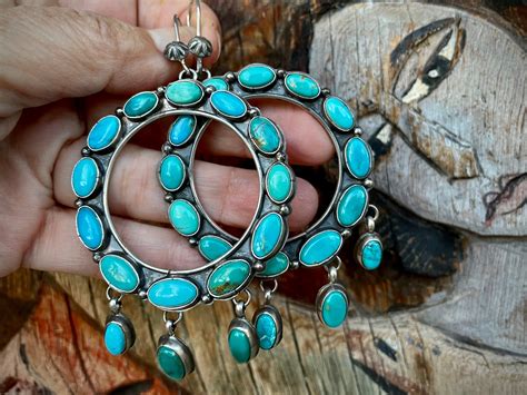 Big Turquoise Cluster Hoop Earrings By Navajo Annie Hoskie Native