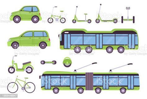 플랫 에코 운송 전기 버스 자동차 스쿠터 자전거 및 보드 도시 스마트 생태 차량 환경 친화적 인 타고 벡터 세트 개념에 대한