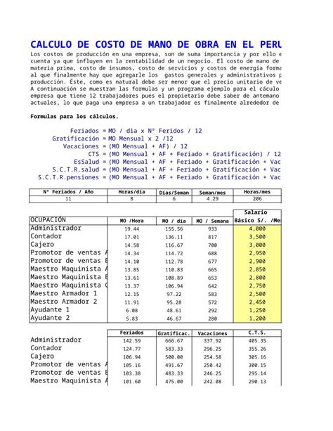 Xls Calculo Del Costo De Mano De Obra En El Peru Dokumen Tips